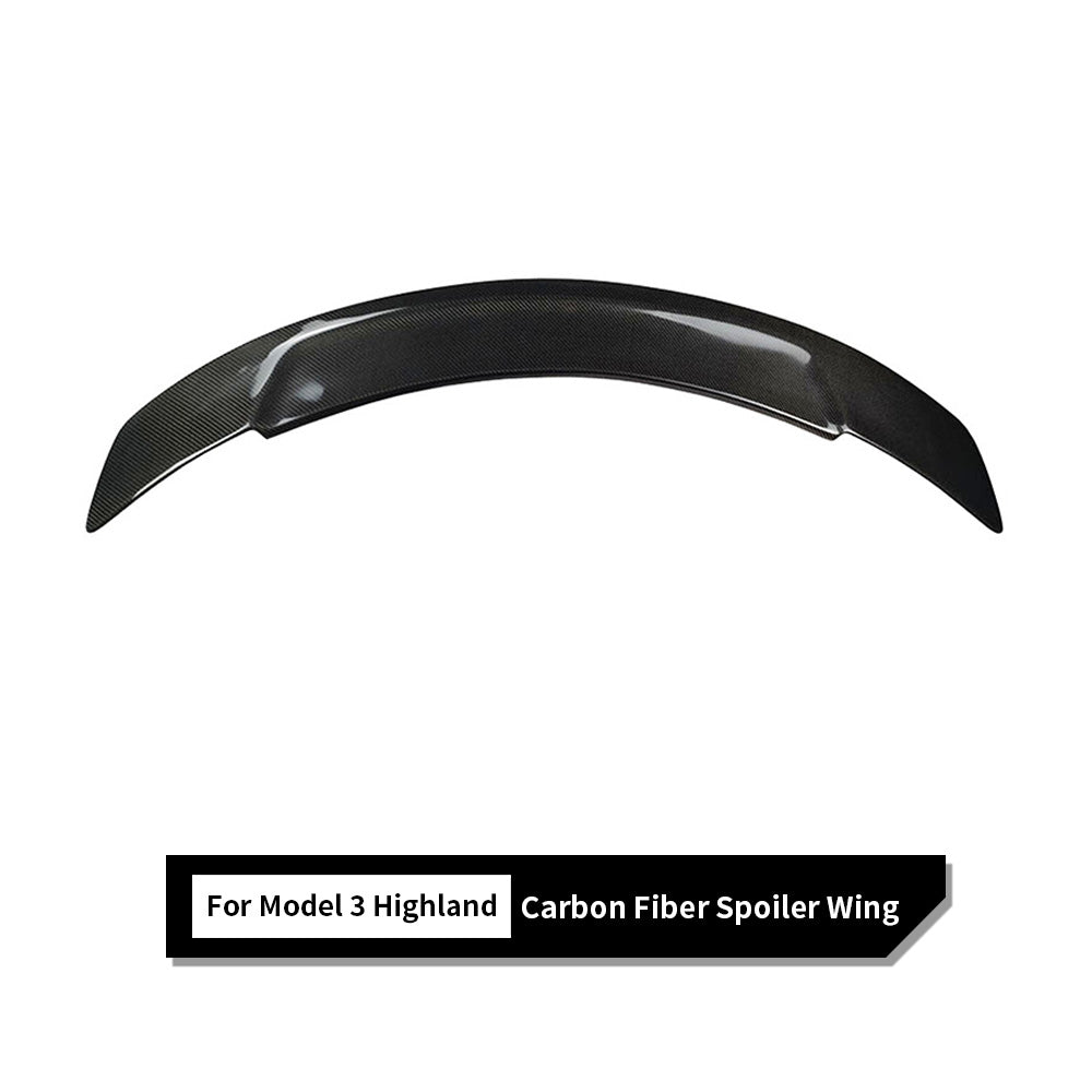 Front view of RT-Style Real Carbon Fiber Spoiler Wing for 2024+ Tesla Model 3 Highland – Sporty Aerodynamic Body Kit Upgrade