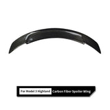 Front view of RT-Style Real Carbon Fiber Spoiler Wing for 2024+ Tesla Model 3 Highland – Sporty Aerodynamic Body Kit Upgrade