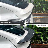 Before and after installation of RT-Style carbon fiber spoiler on Model Y Juniper