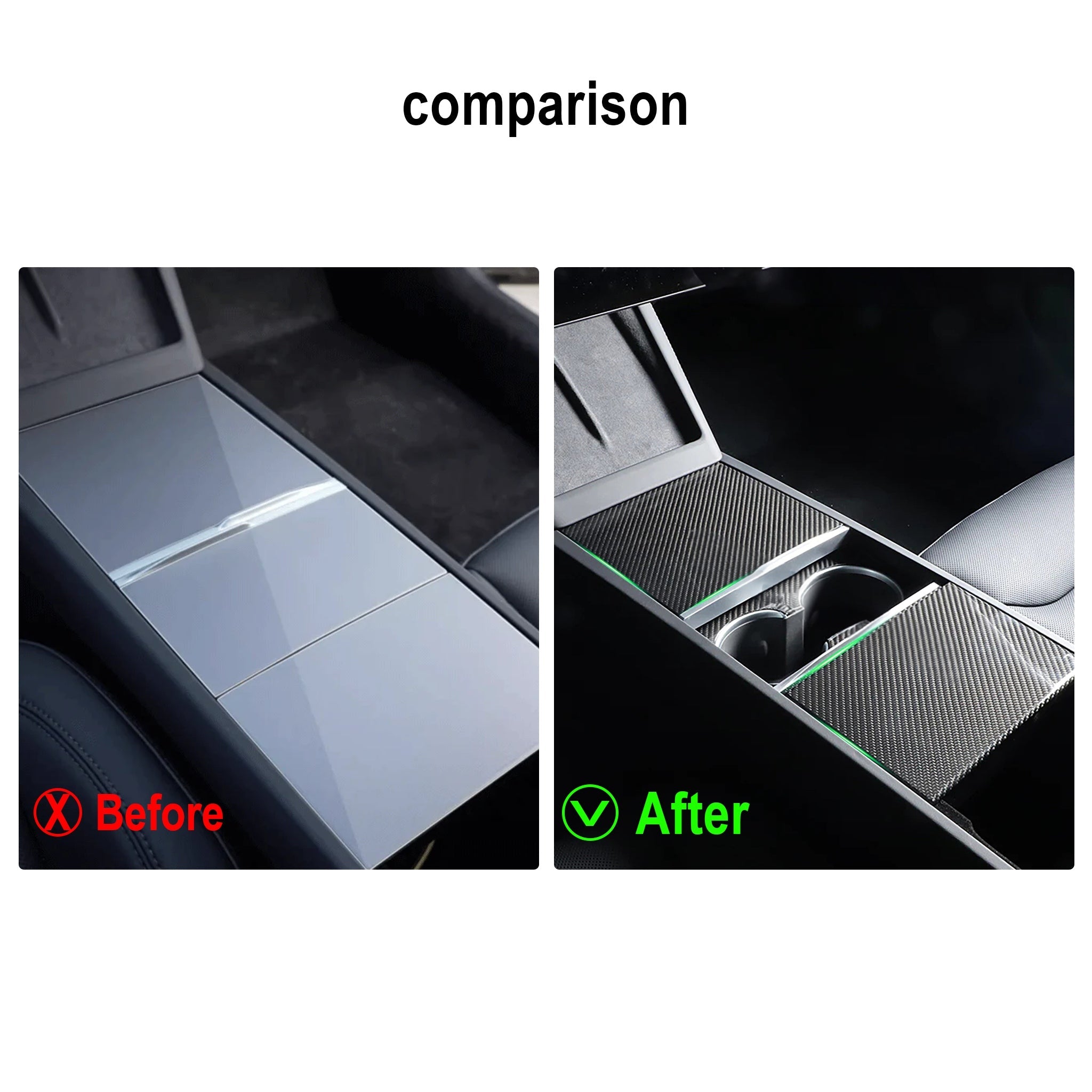 Comparison Befare and after installation : Real Carbon Fiber Center Console Overlays for Tesla Highland 2024+ Model 3 (3 pieces)