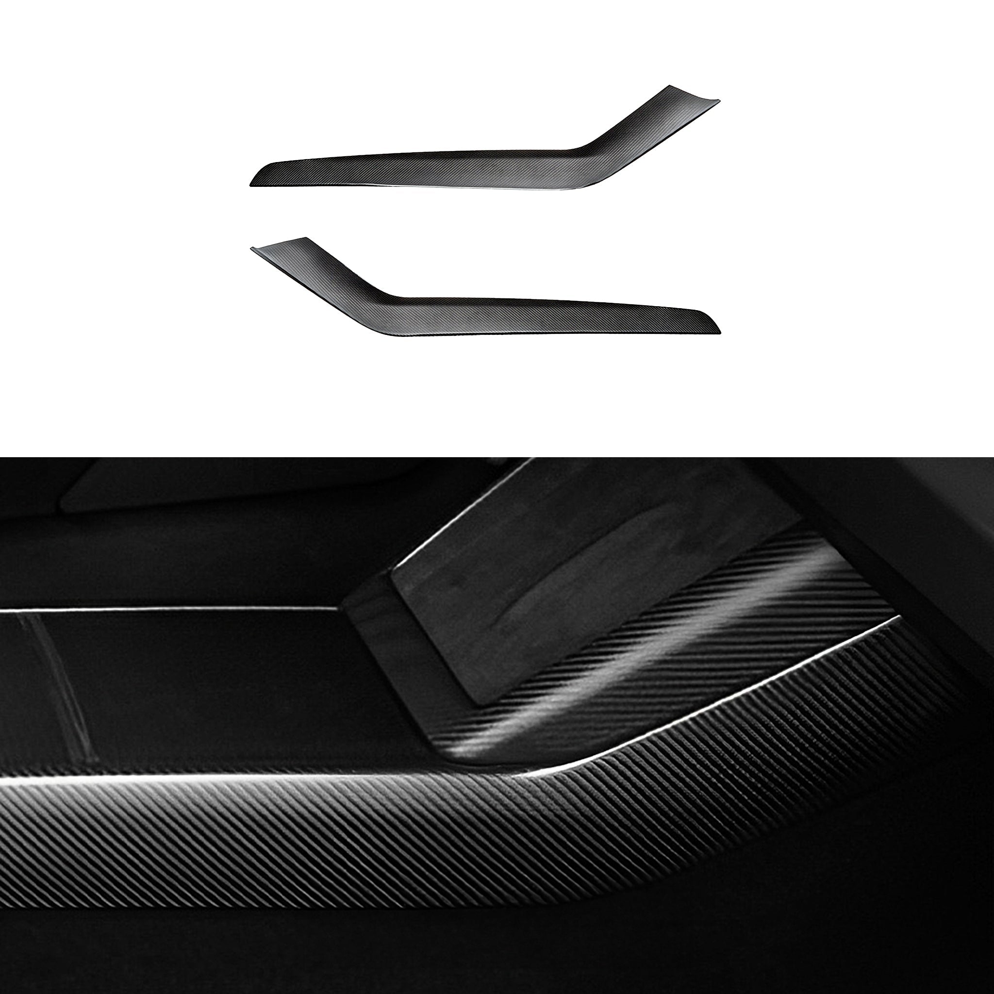 Detailed shot of matte carbon fiber finish on Tesla Model Y Juniper center console side Panel Covers