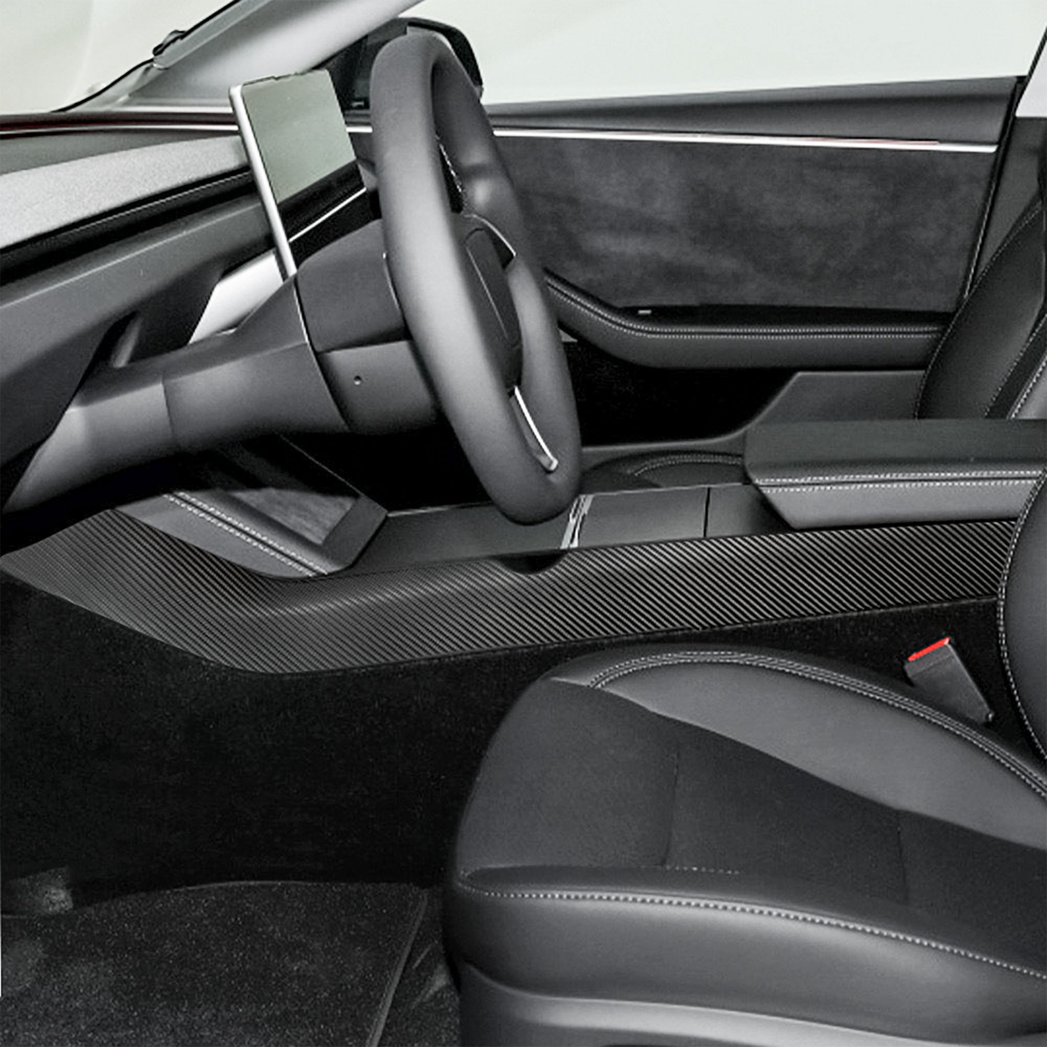 Tesla Model 3 Highland with carbon fiber center console side Panel Covers installed