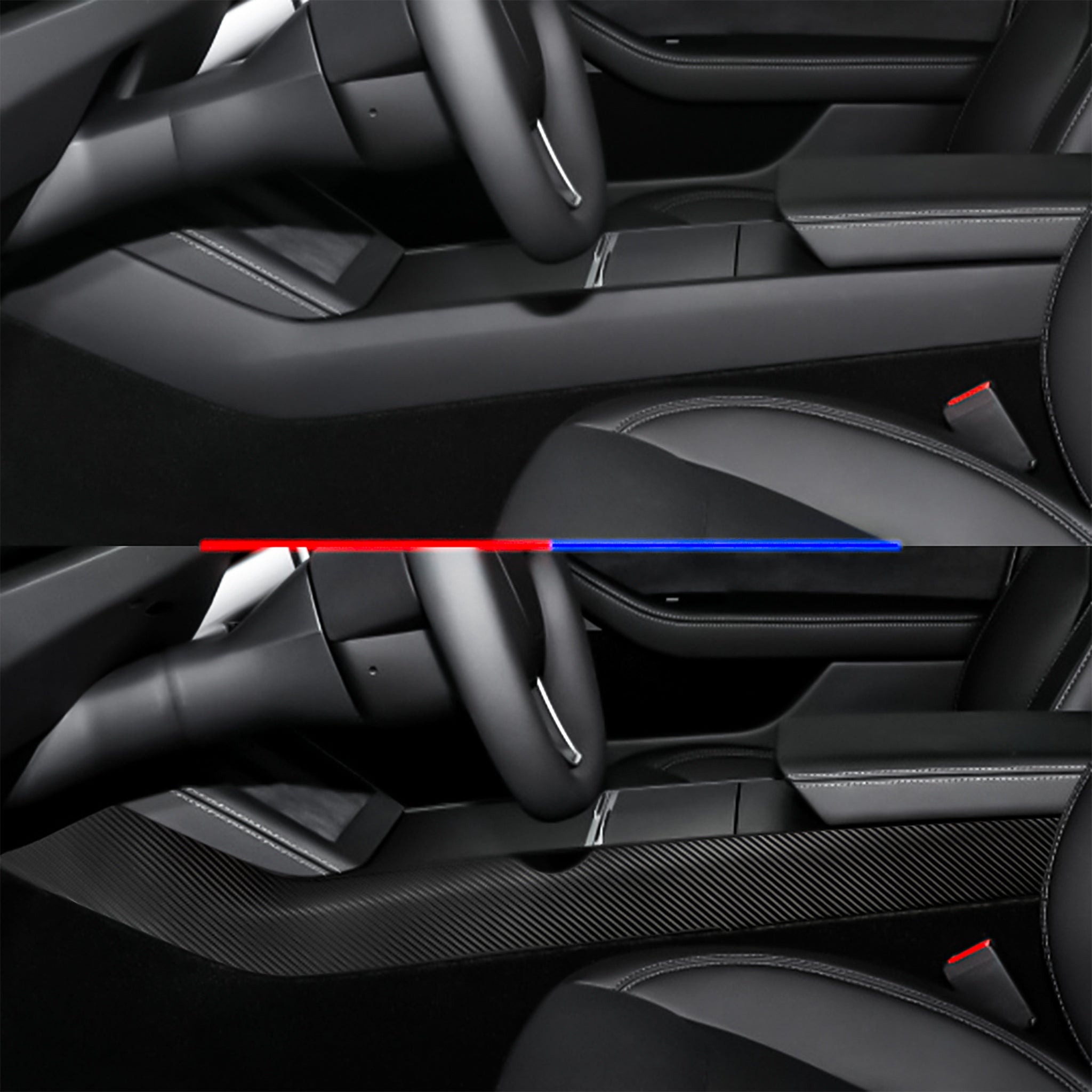 Before vs after installation: Tesla Model Y Juniper with carbon fiber console side Panel Covers