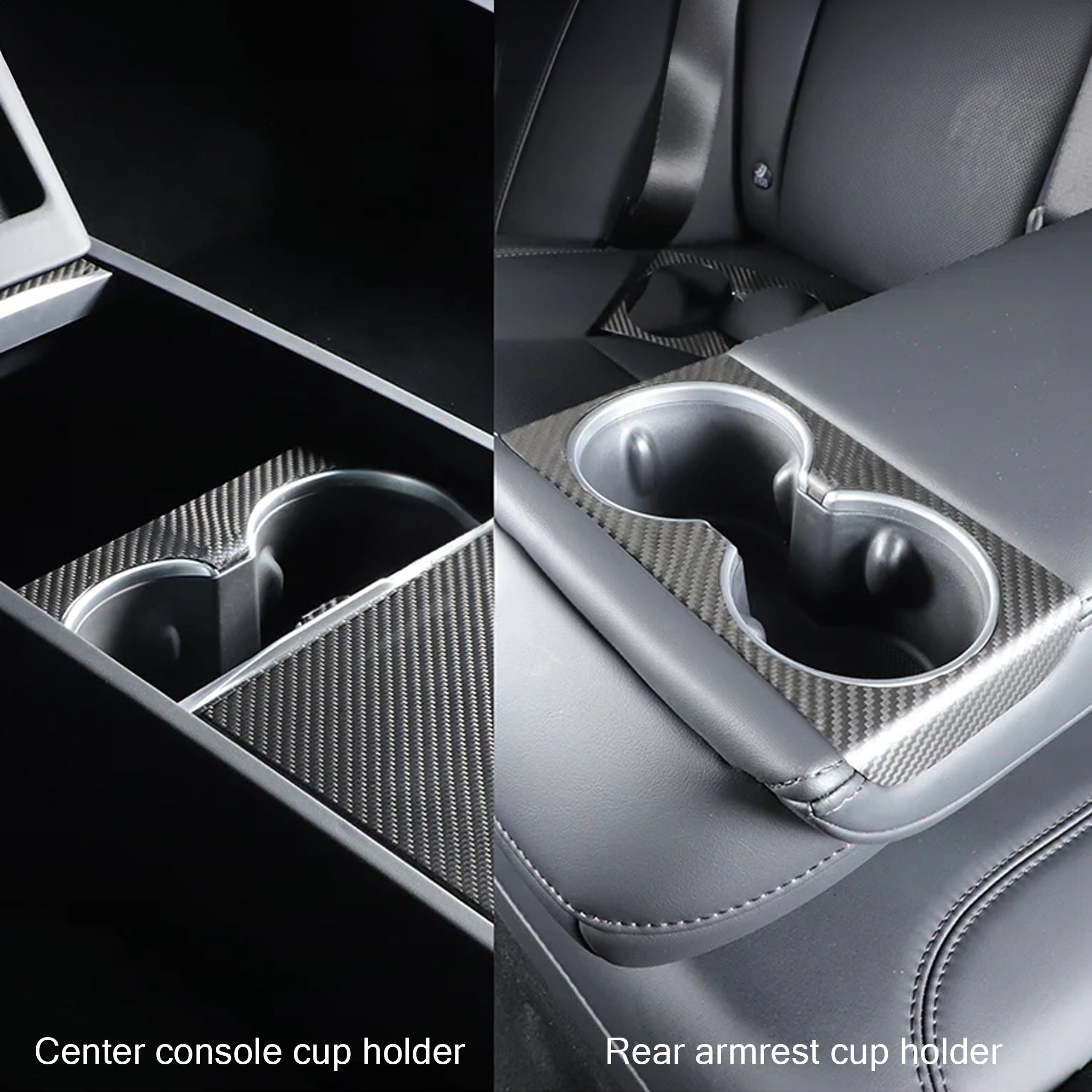 Real Carbon Fiber Front & Rear Cup Holder Covers for Tesla 2024+ Model 3 Highland