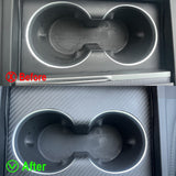 Before vs after installation: Real Carbon Fiber Front & Rear Cup Holder Covers for Tesla 2024+ Model 3 Highland