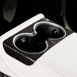 Carbon Fiber Rear Cup Holder Cover installed on Tesla 2024+ Model 3 Highland