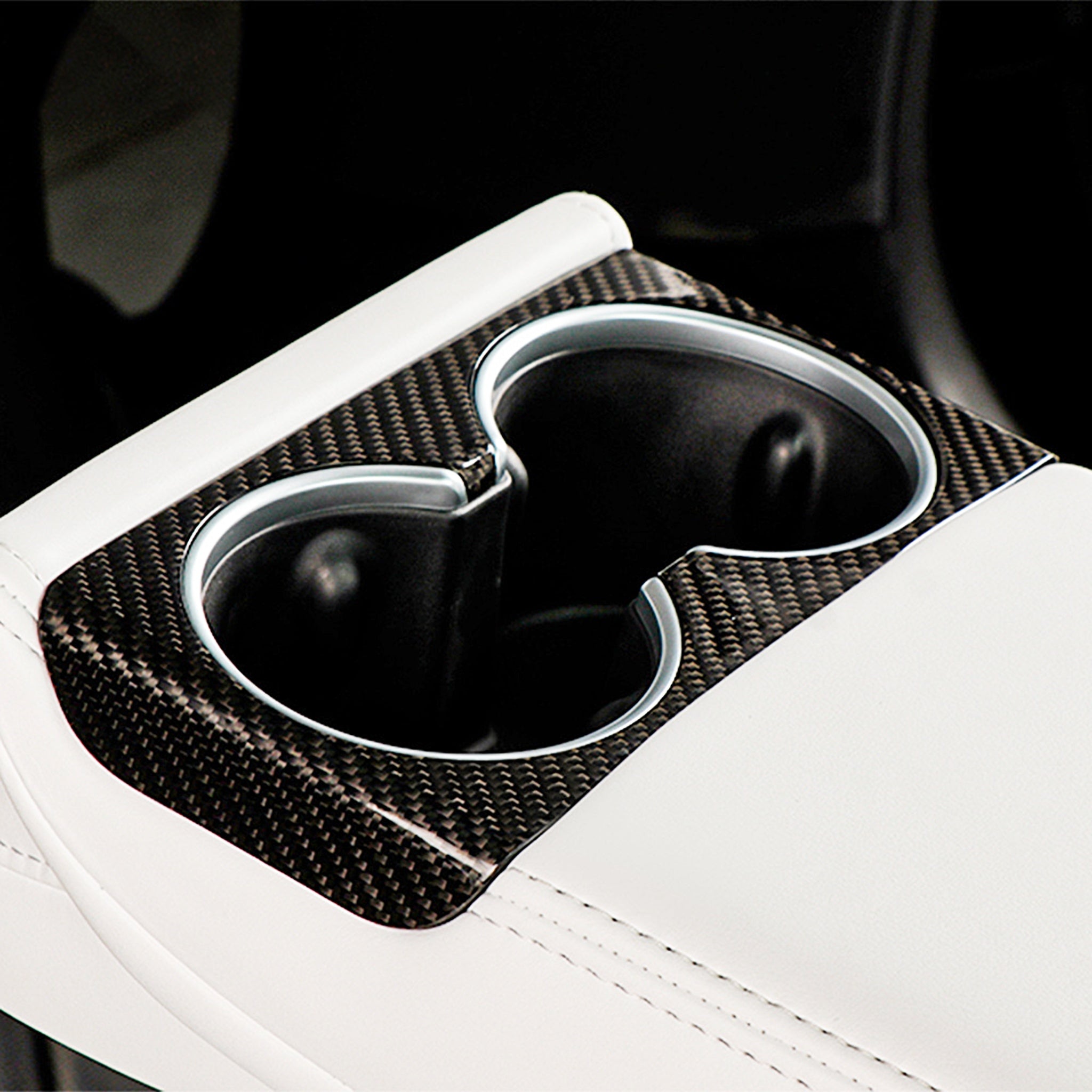 Carbon Fiber Rear Cup Holder Cover installed on Tesla 2024+ Model 3 Highland