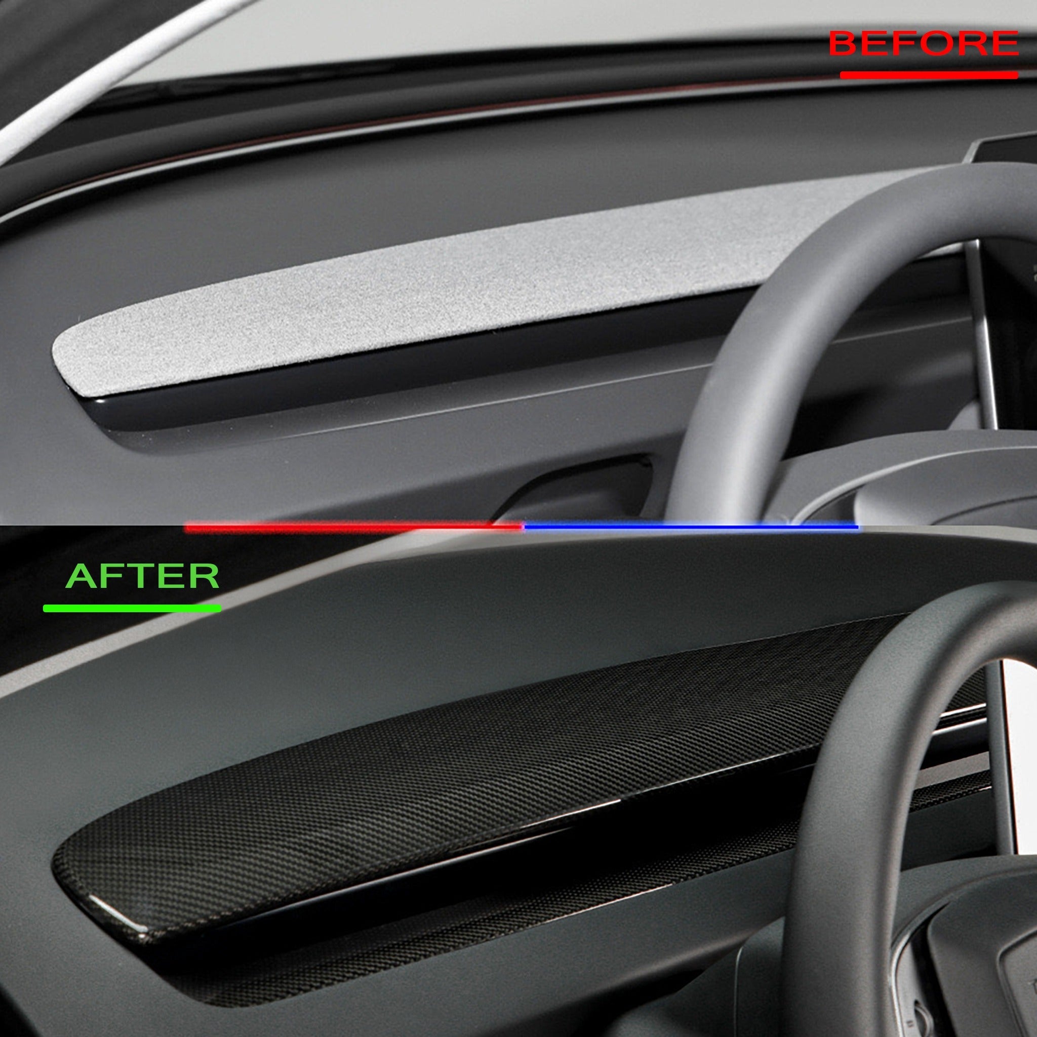 Before vs after installation: Tesla Model 3 Highland Carbon Dashboard