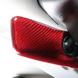 Close-up of Red Tesla Model 3/Y Dry Carbon Fiber Interior Rearview Mirror Cover