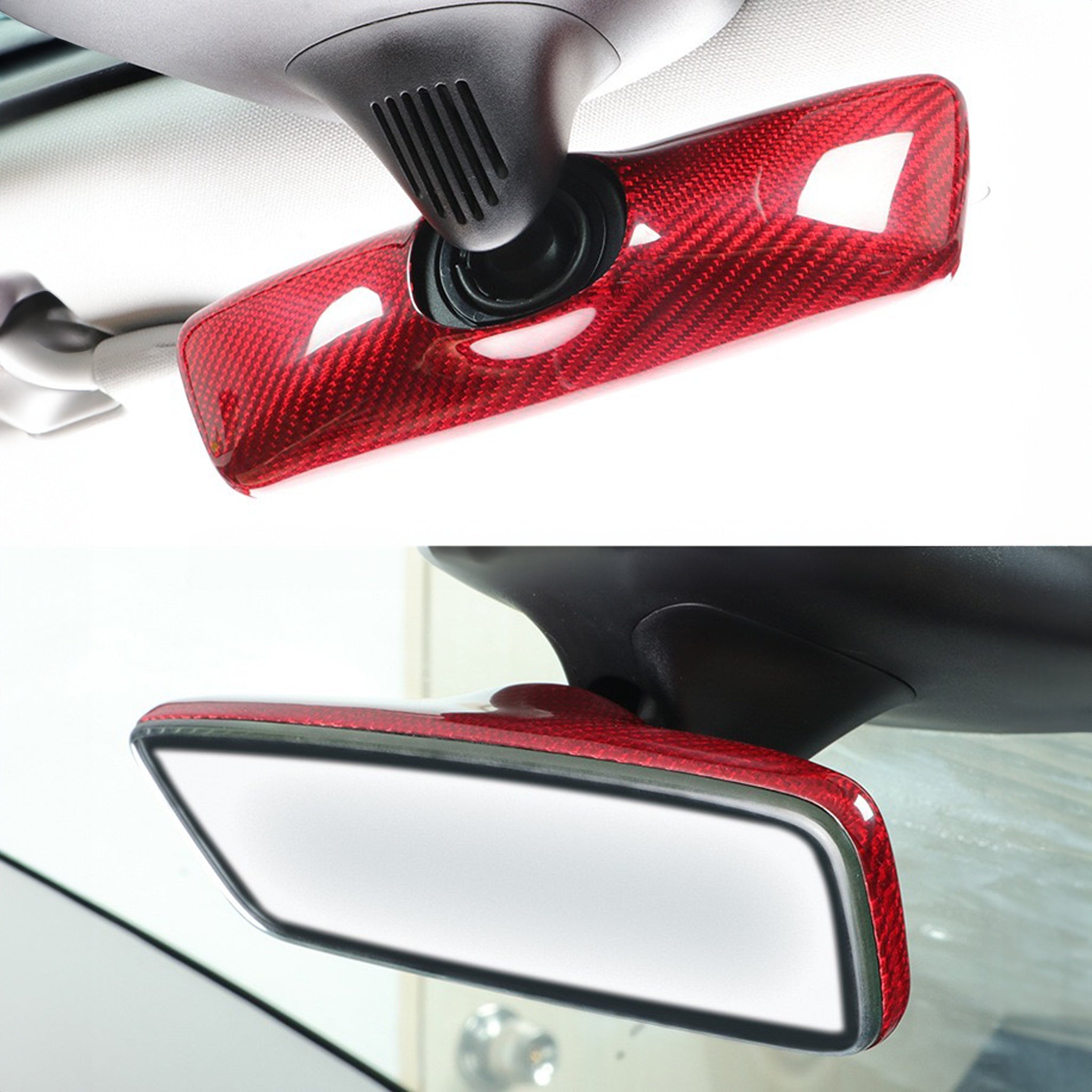 Front and back views of the Red Tesla Dry Carbon Fiber Interior Rearview Mirror Cover