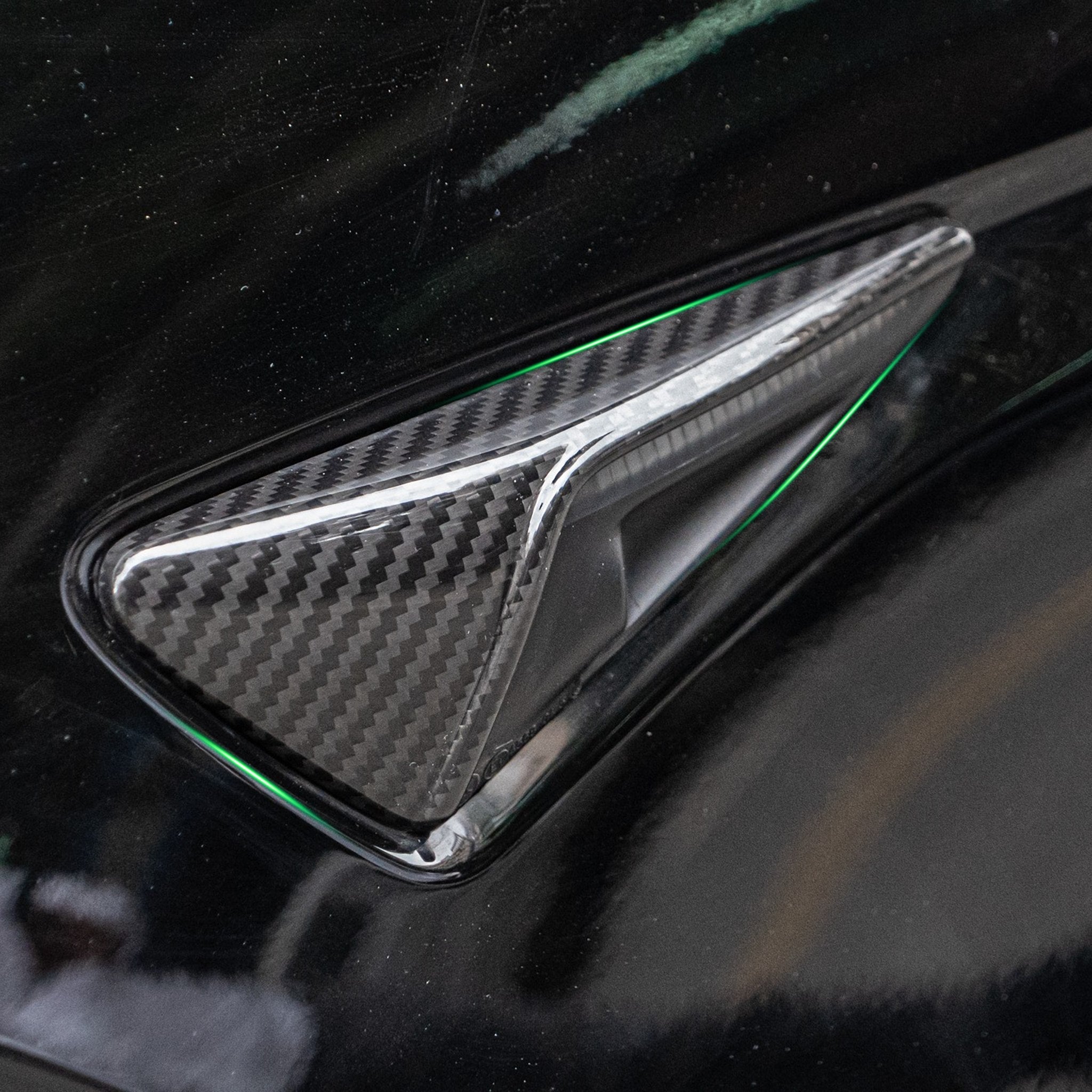 Installed view of Tesla Model 3 Highland / Y Juniper Dry Carbon Fiber Camera Covers