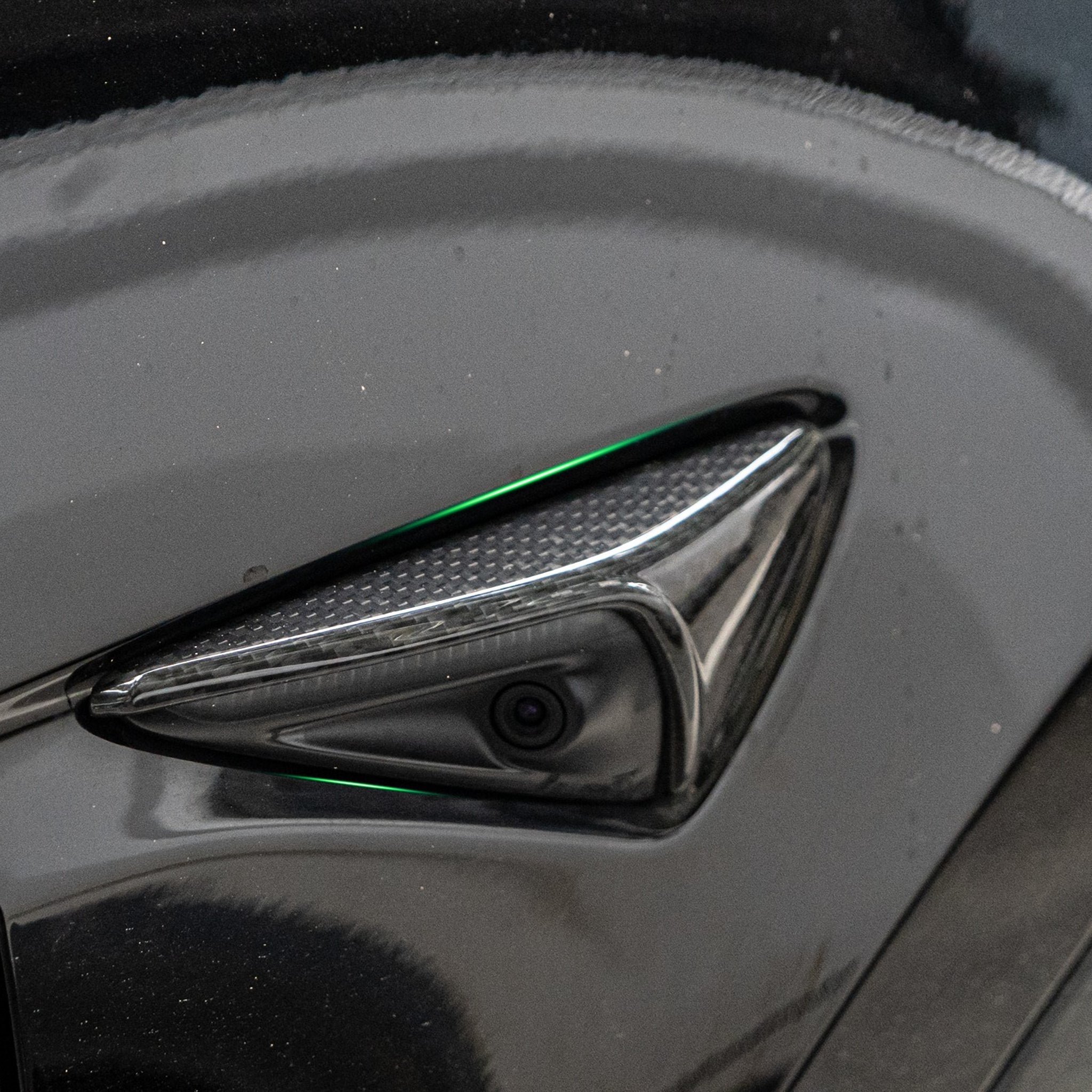 front view of Tesla Model 3 Highland / Y Juniper Dry Carbon Fiber Camera Covers