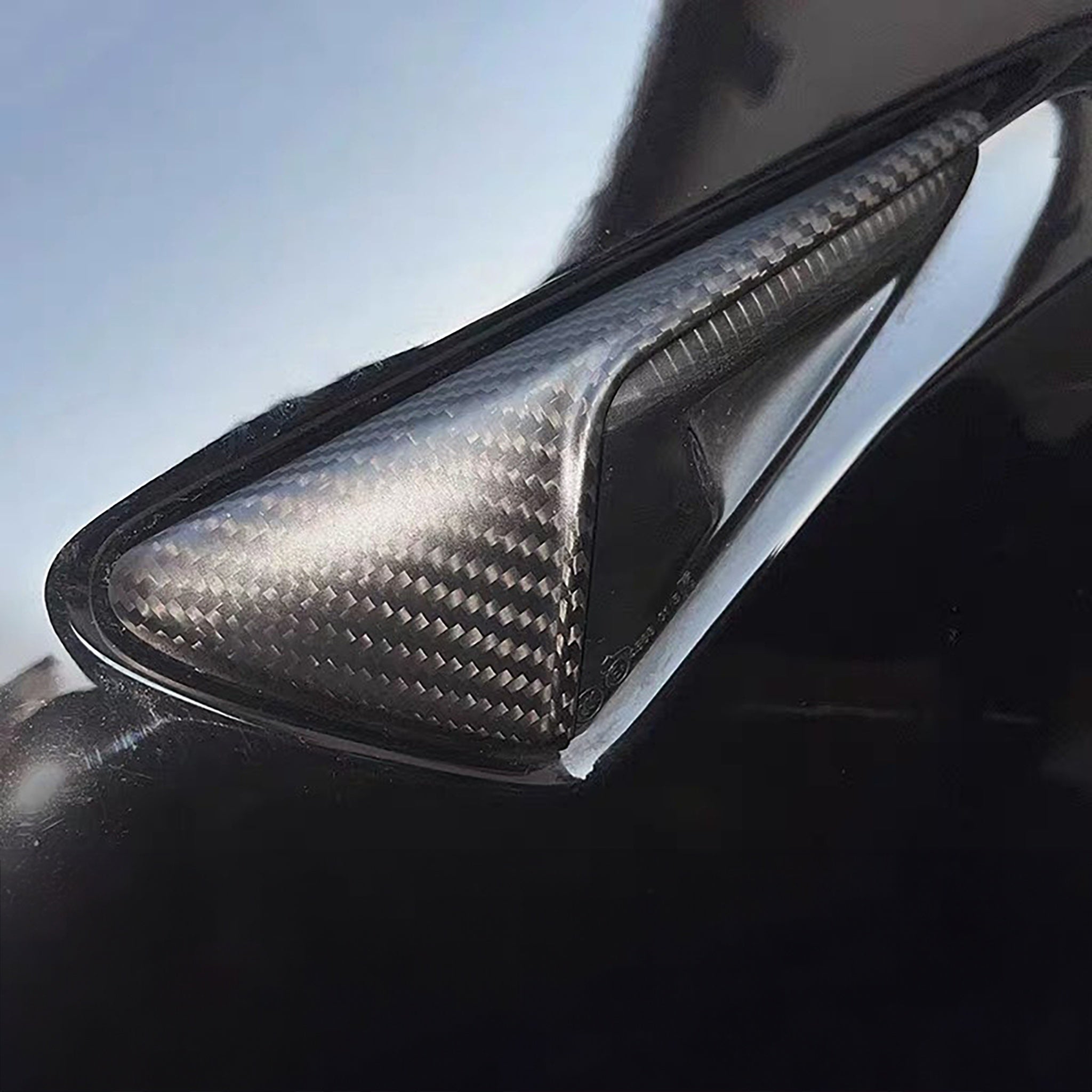 Installed view of Tesla Model 3 Highland / Y Juniper Dry Carbon Fiber Camera Covers