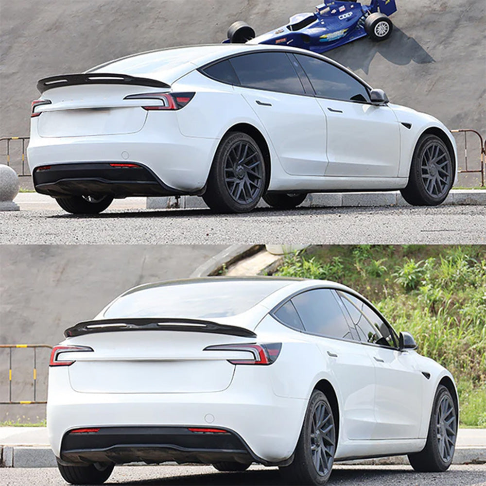 Rear view of Real Carbon Fiber Spoiler Wing installed on Tesla Model 3 Highland