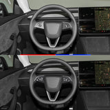 Comparison after and before installation: 2024+ Model 3 Highland with Real Carbon Fiber Steering Wheel Overlay(2 Pieces)