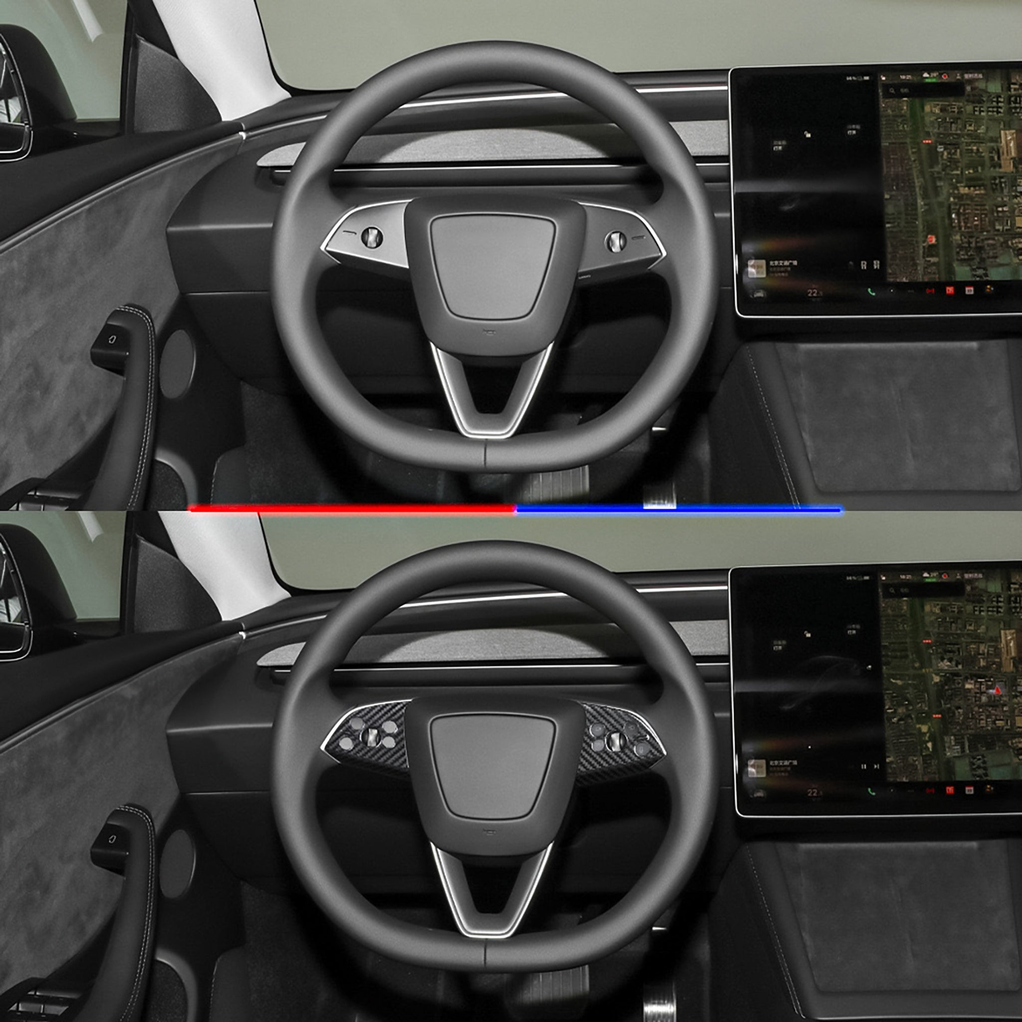 Comparison after and before installation: 2024+ Model 3 Highland with Real Carbon Fiber Steering Wheel Overlay(2 Pieces)