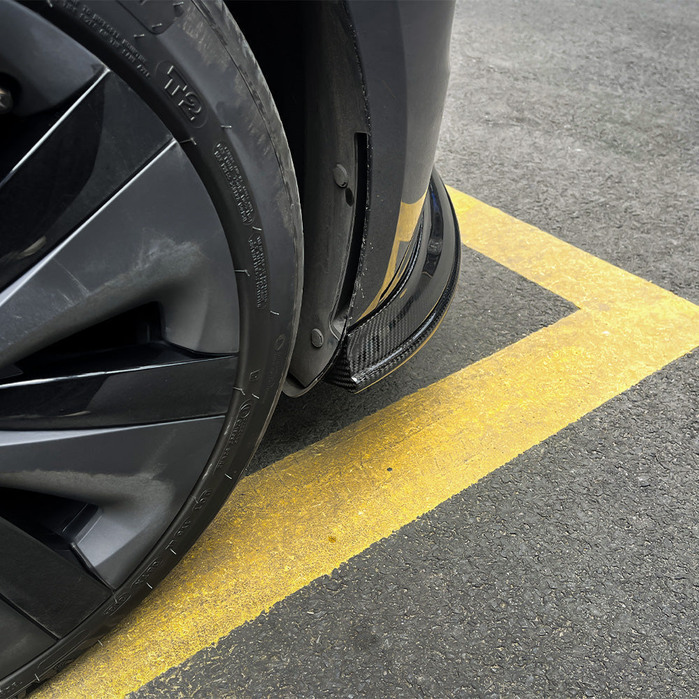 Side close-up of Real Carbon Fiber Aero Front Lip Spoiler installed on 2024+ Tesla Model 3 Premium