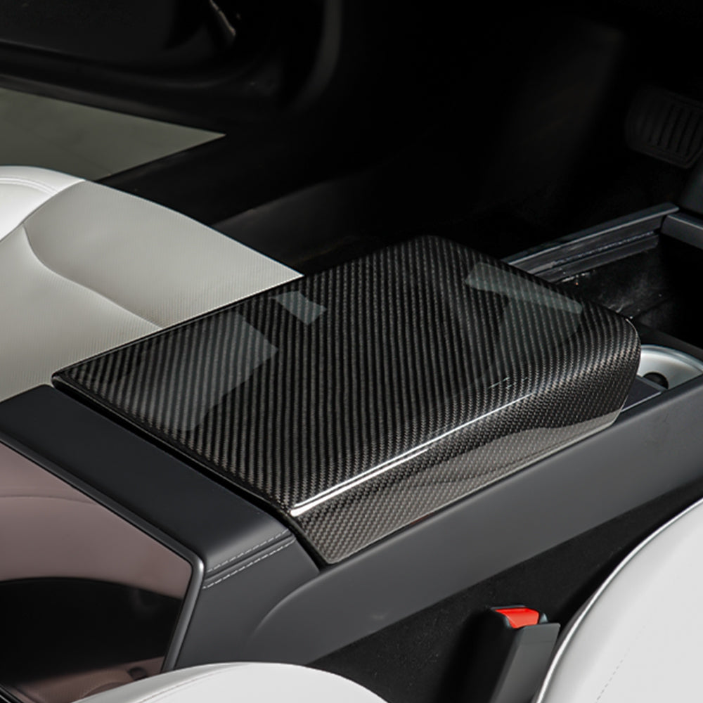 Carbon Fiber Armrest Box Cover installed on Tesla Model 3 Highland