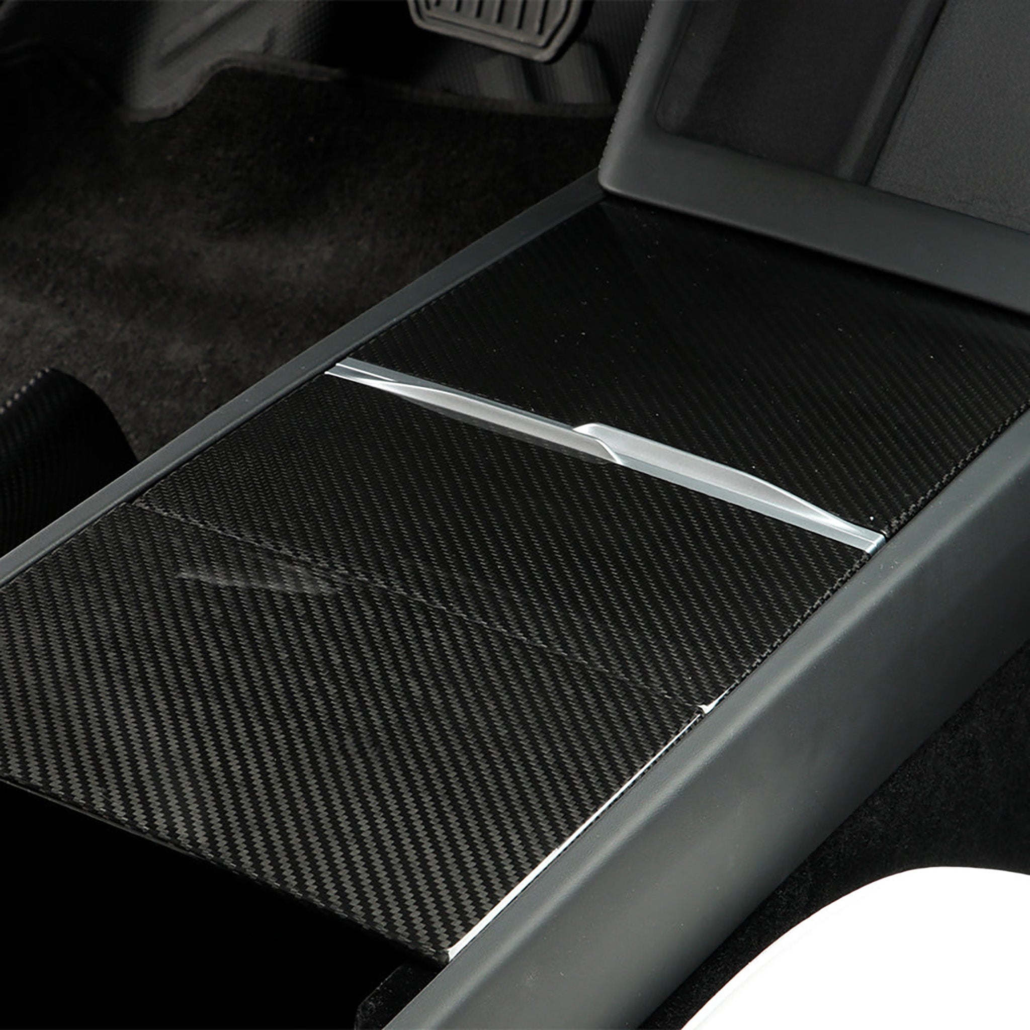 Real Carbon Fiber Center Console Overlays installed on Tesla Highland 2024+ Model 3 (3 pieces)