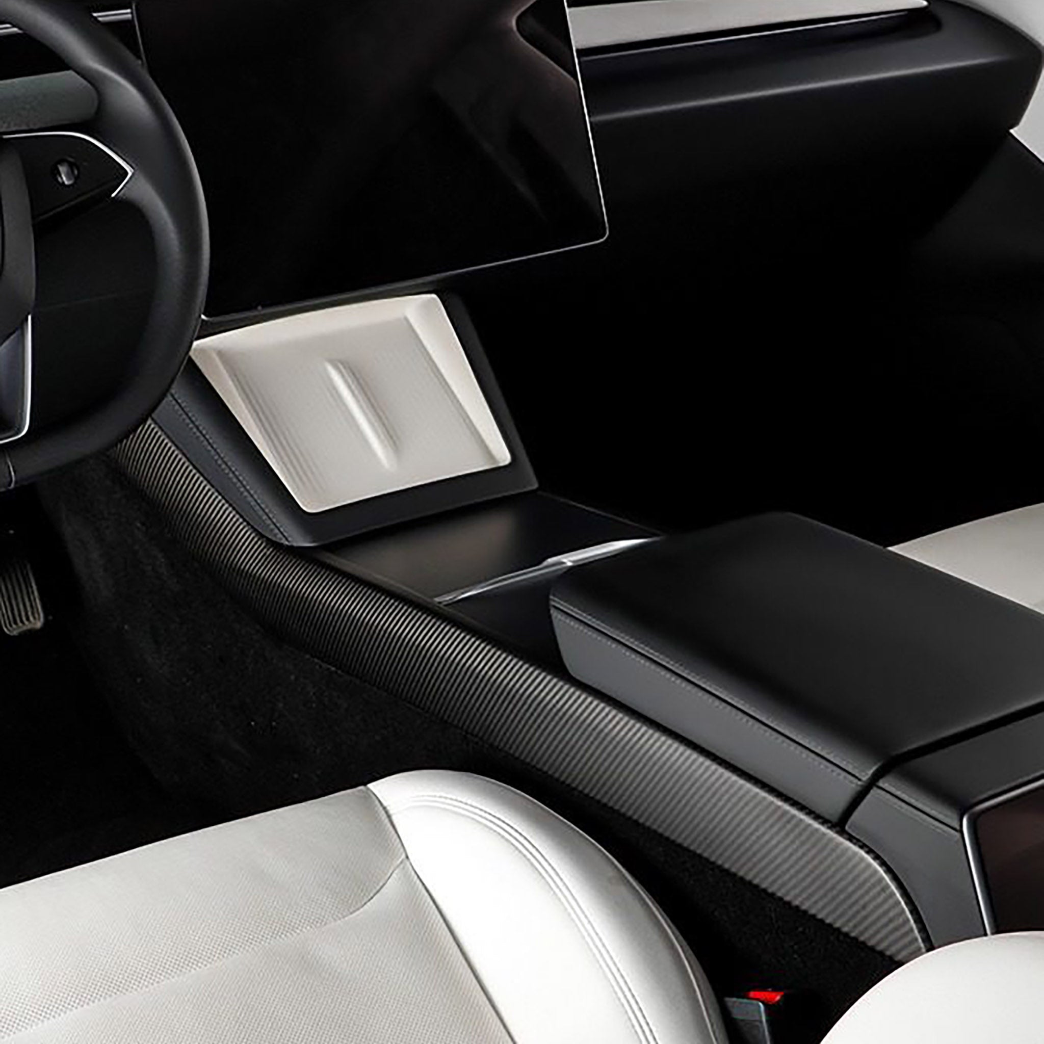 Tesla Model 3 Highland with carbon fiber center console side Panel Covers installed