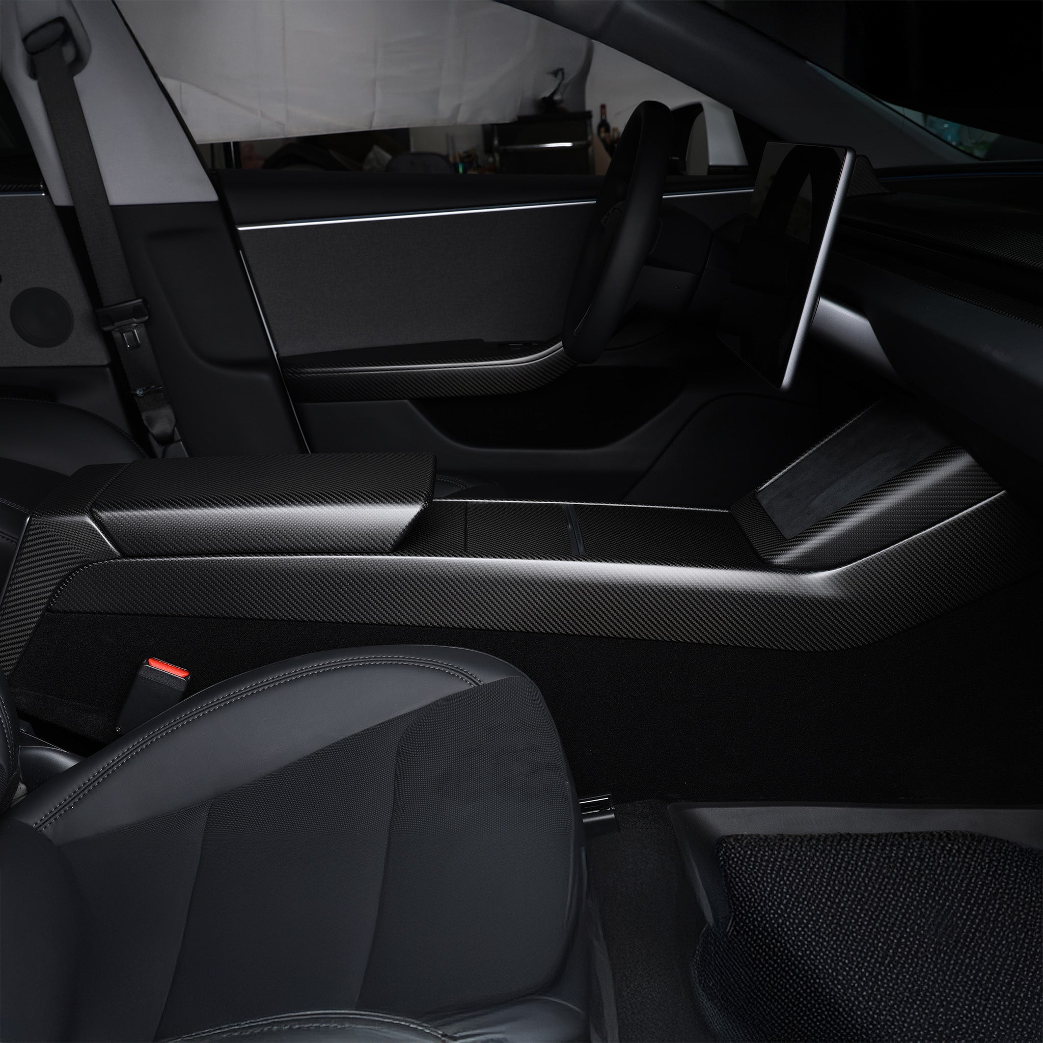 Side view of Real Carbon Fiber Center Console Side Trim Cover installed on 2024+ Tesla Model 3 Highland