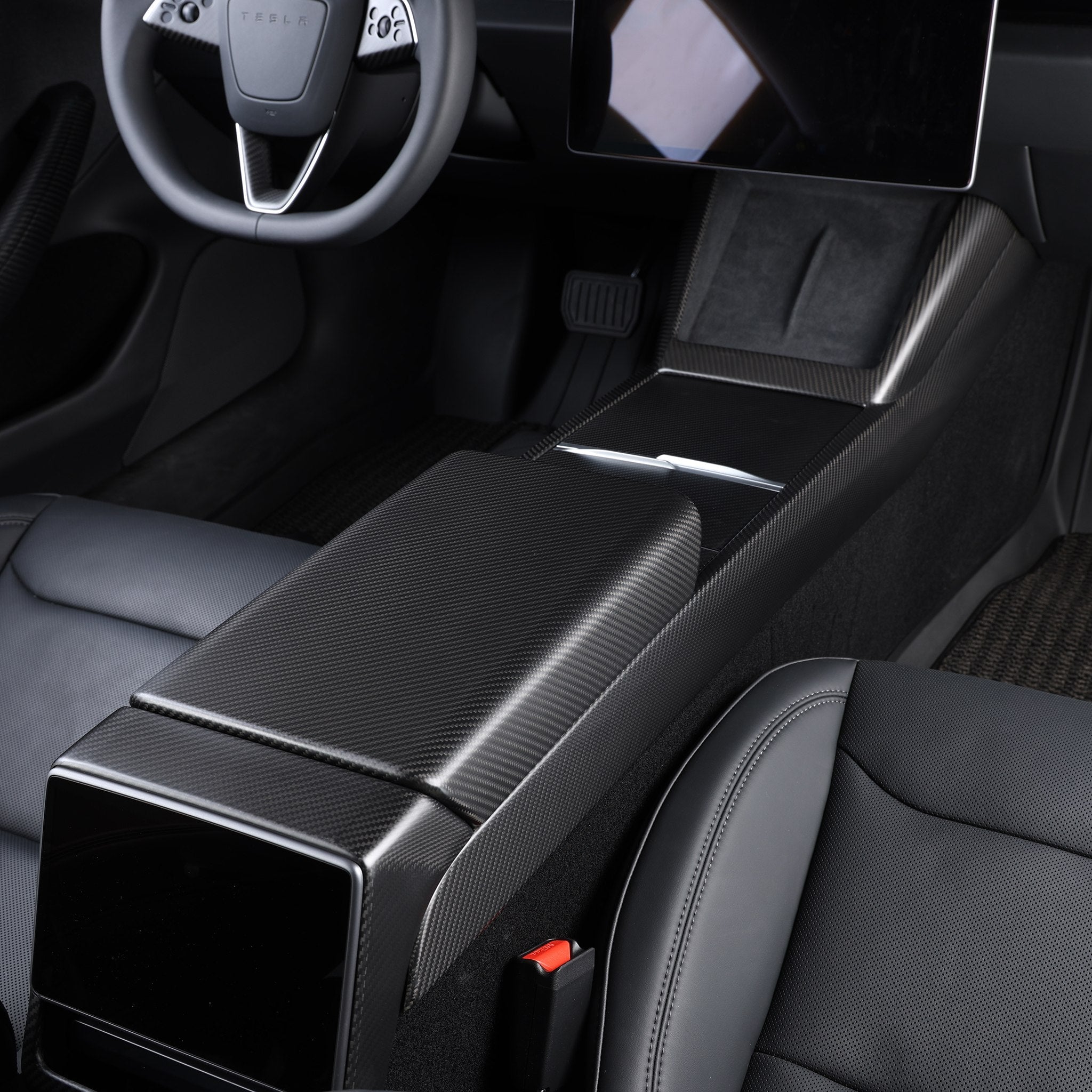 Real Carbon Fiber Center Console Side Trim Cover installed on 2024+ Tesla Model 3 Highland