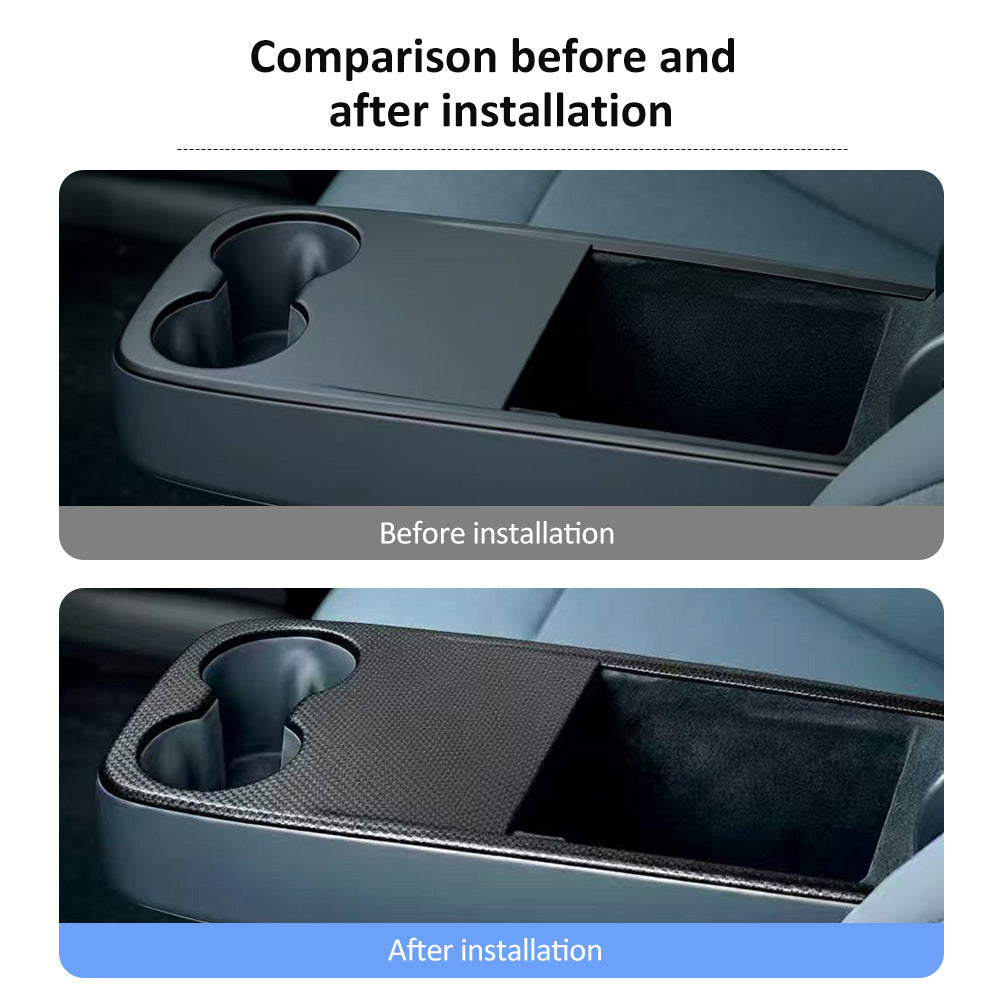 Before vs After installation: Real Carbon Fiber Cup Holder Cover for Model Y Juniper Standard