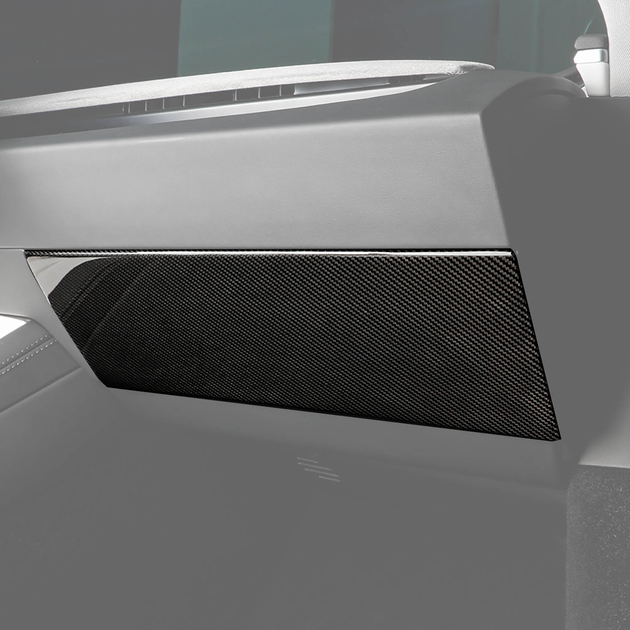 View of Carbon Fiber Glove Box Cover installed on Tesla Model Y/3 Juniper