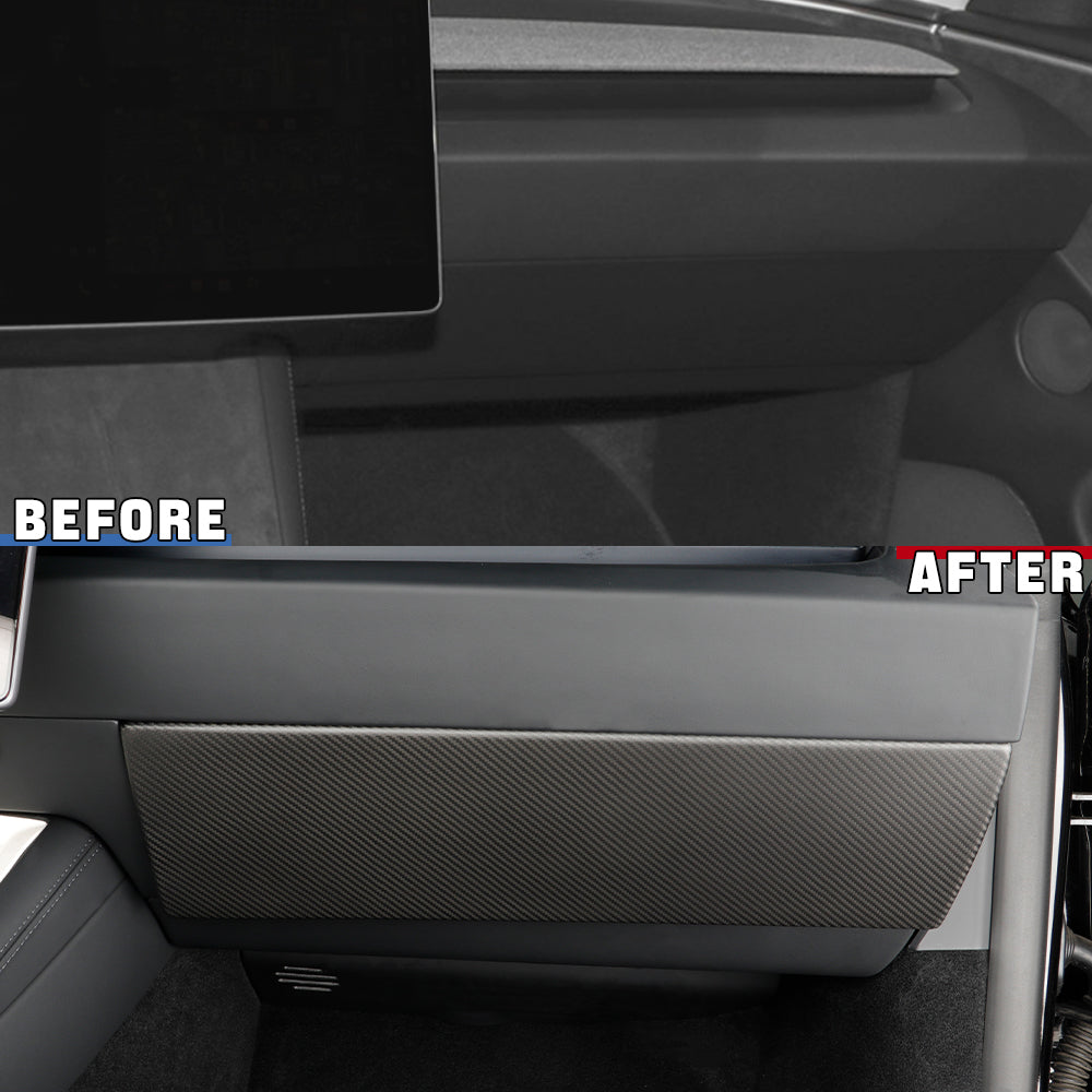 Before vs after installation: Tesla Model Y/3 Juniper with Carbon Fiber Glove Box Cover