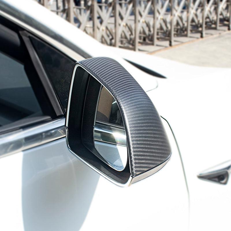 side view of Matte Dry Carbon Fiber Mirror Cap installed on Tesla Model 3/Y