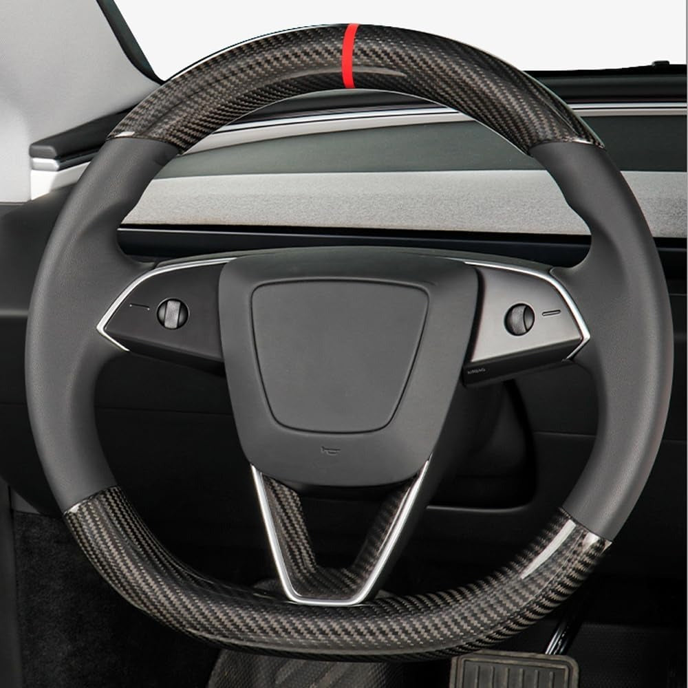 Real Carbon Fiber Steering Wheel Overlay for 2024+ Tesla Model 3 Highland & 2025+ Model Y Juniper (1x1 Plain Weave Available)