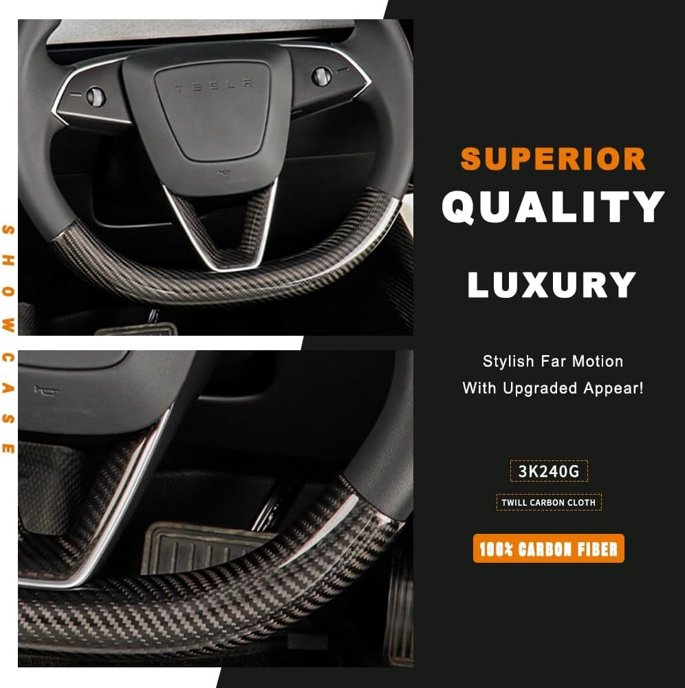 Real Carbon Fiber Steering Wheel Overlay for 2024+ Tesla Model 3 Highland & 2025+ Model Y Juniper (1x1 Plain Weave Available)