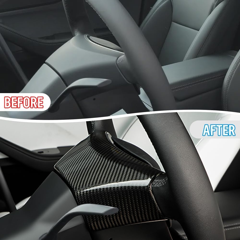 Before vs after installation: Real Carbon Fiber Steering Wheel Trim Cover for 2024+ Tesla Model 3 Highland & 2025+ Model Y Juniper (1x1 Plain Weave & 2x2 Twill Weave)