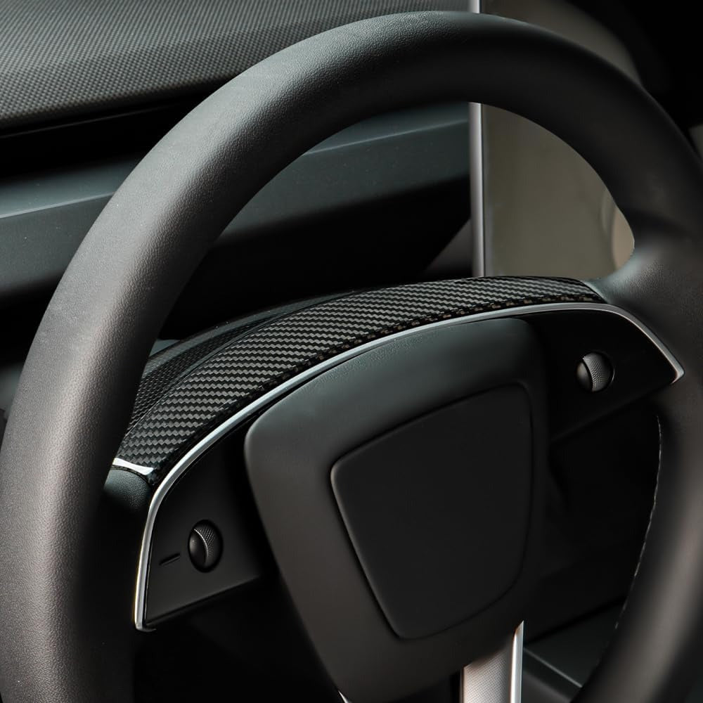 Real Carbon Fiber Steering Wheel Trim Cover for 2024+ Tesla Model 3 Highland & 2025+ Model Y Juniper (1x1 Plain Weave & 2x2 Twill Weave)