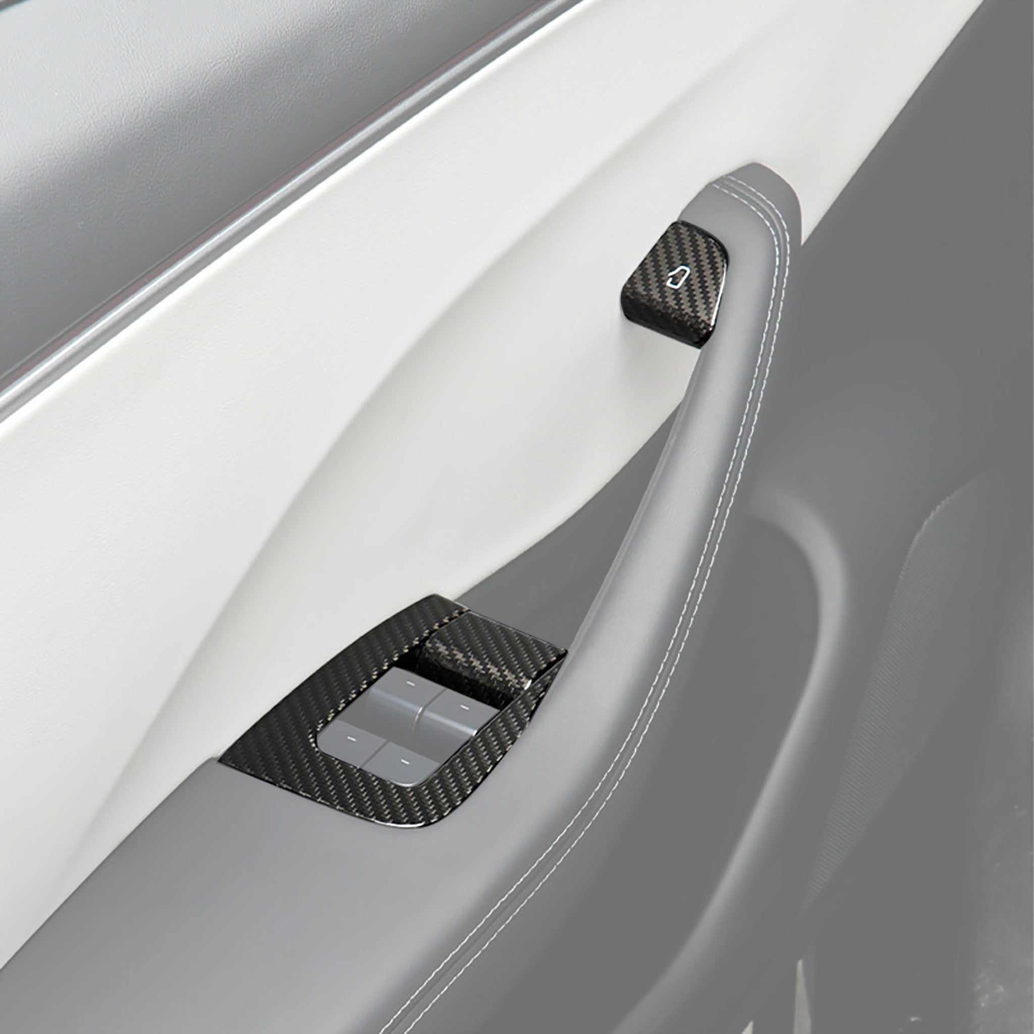 Front view of Real Carbon Fiber Window Switch Trim Covers installed on Tesla Model Y/3