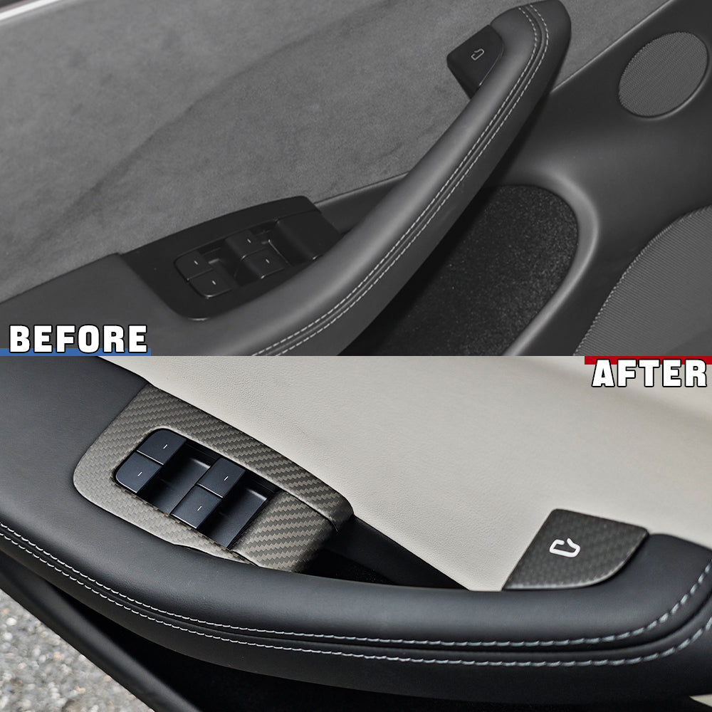 Before vs after installation: Real Carbon Fiber Window Switch Trim Cover for Model Y Juniper