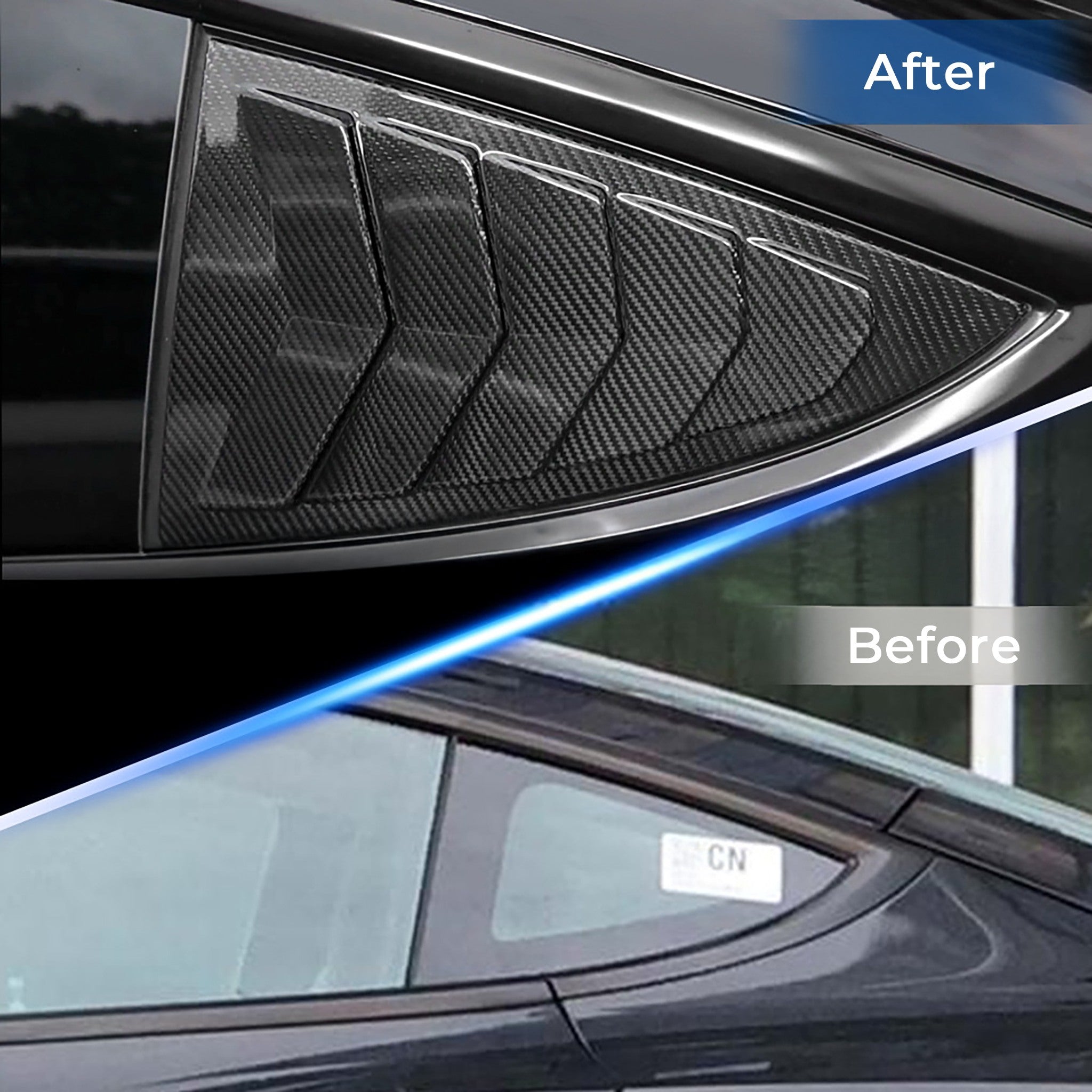 Before vs after installation: Real Carbon Fiber Rear Side Quarter Window Louvers For Tesla Model 3 2017-2024+