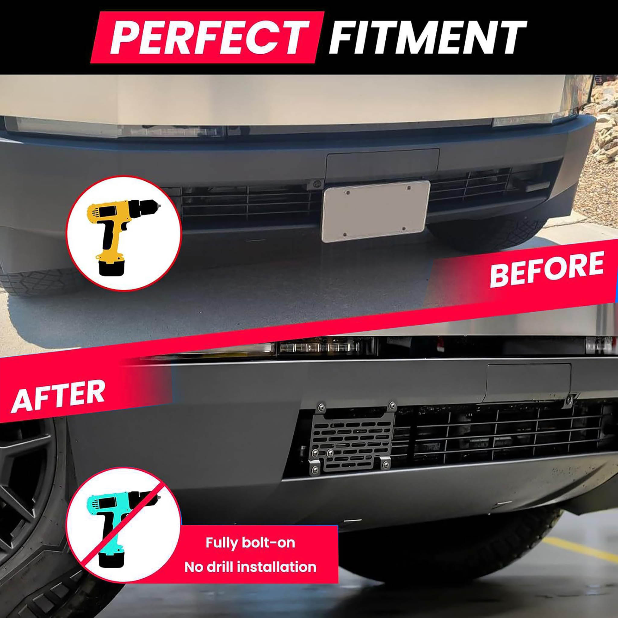 Sleek Front License Plate Holder for Tesla Cybertruck – No Drill, Hassle-Free Install (USA and Canada Version)