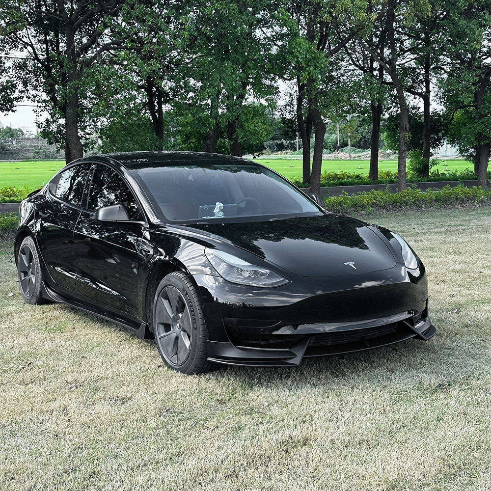 Sporty Front Lip Spoiler for Tesla Model 3 (2017-2023.09) | ABS Plastic Body Kit in Glossy/Matte Black & Carbon Fiber