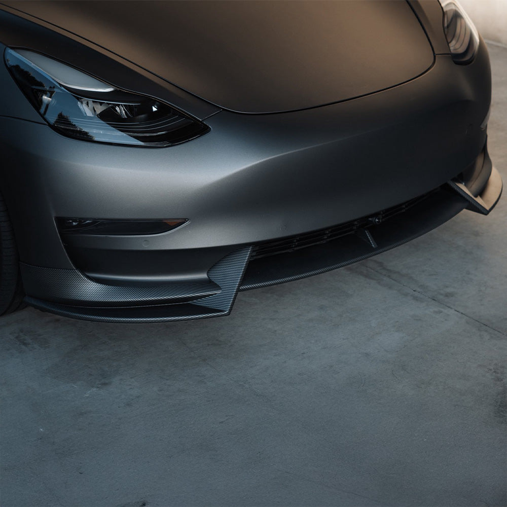 Sporty Front Lip Spoiler for Tesla Model 3 (2017-2023.09) | ABS Plastic Body Kit in Glossy/Matte Black & Carbon Fiber