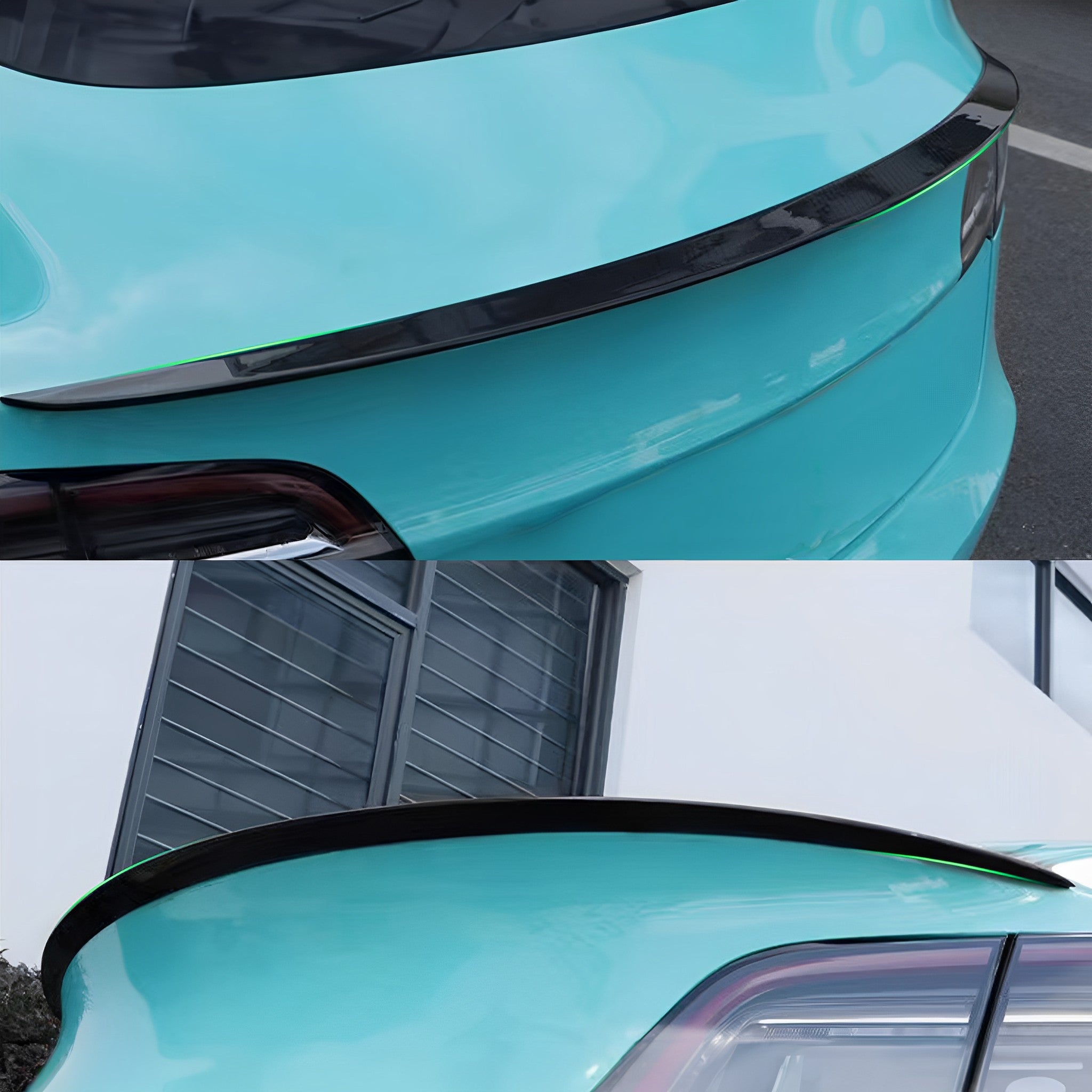 High-Performance Carbon Fiber Spoiler installed on a green Tesla Model 3/Y
