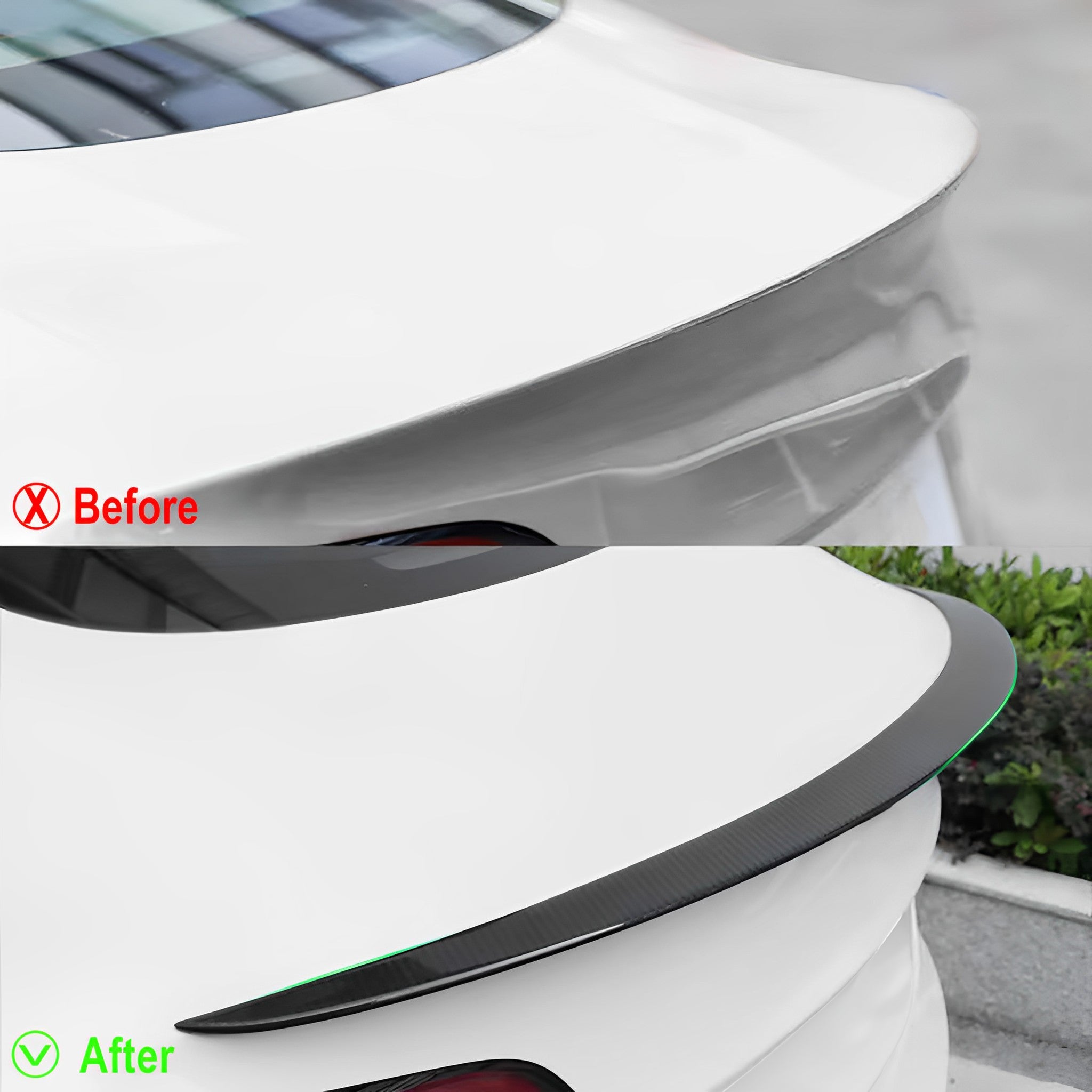 Before vs After installation: Tesla Model 3 Highland Carbon Fiber Spoiler (Older Performance Style)