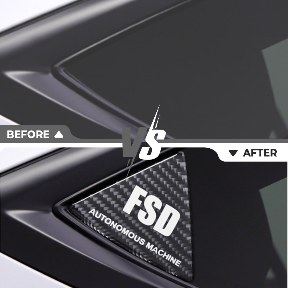 Before and after installtion: Tesla Model 3 & Y Carbon Fiber Rear Quarter Window Trim (FSD Mark)