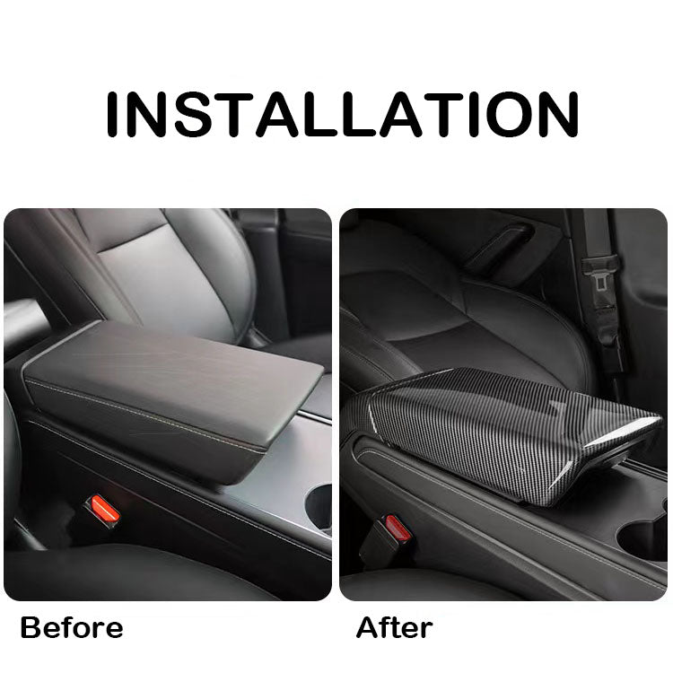 before vs after installation: Carbon Fiber Armrest Cover For Tesla Model 3 / Y