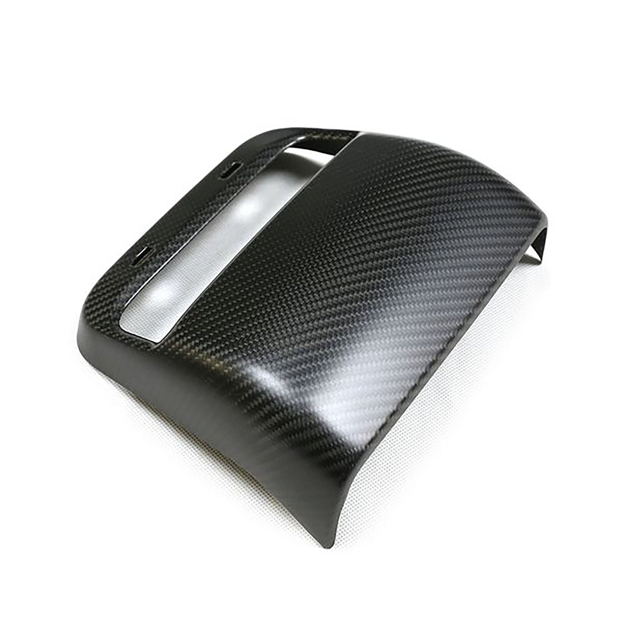Side view of Carbon Fiber Rear AC Outlet Cover For Tesla Model 3 & Y by Teego
