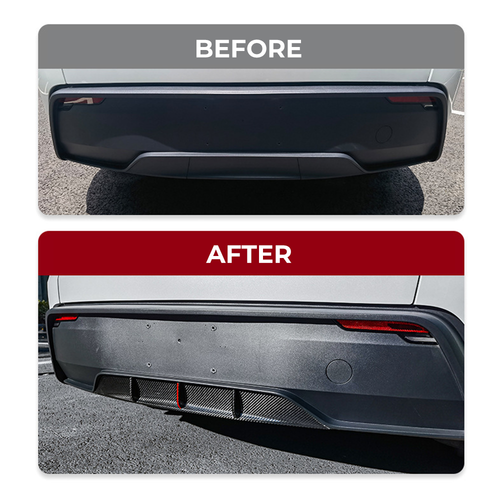 Before vs after installation: Tesla Model Y with Carbon Fiber Rear Diffuser