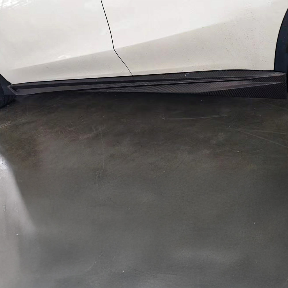 view of Real Carbon Fiber Side Skirt installed on Tesla Model Y