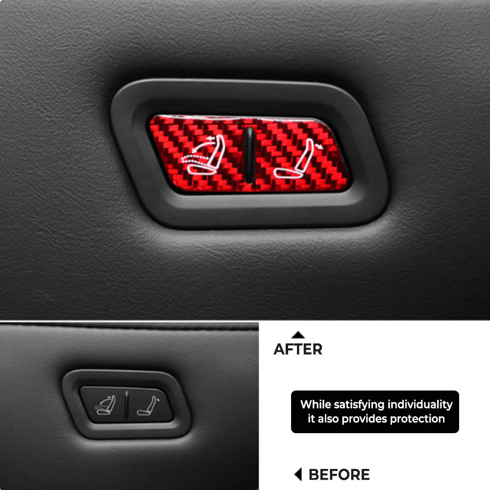 Before vs after installation: Tesla Model Y Juniper with Carbon Fiber Rear Seat Folding Button Trim