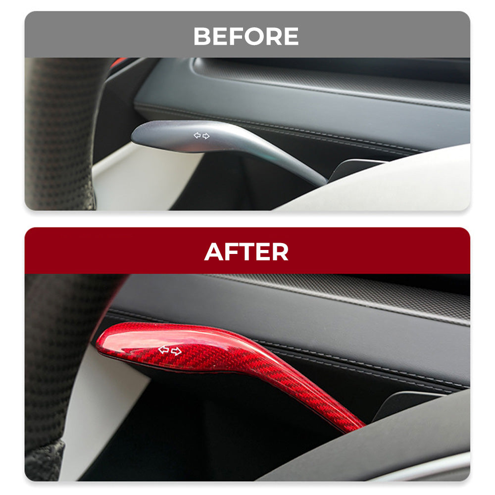 Before and after installton: Tesla Model Y Juniperr Turn Signal Stalk with Carbon Fibe Covers