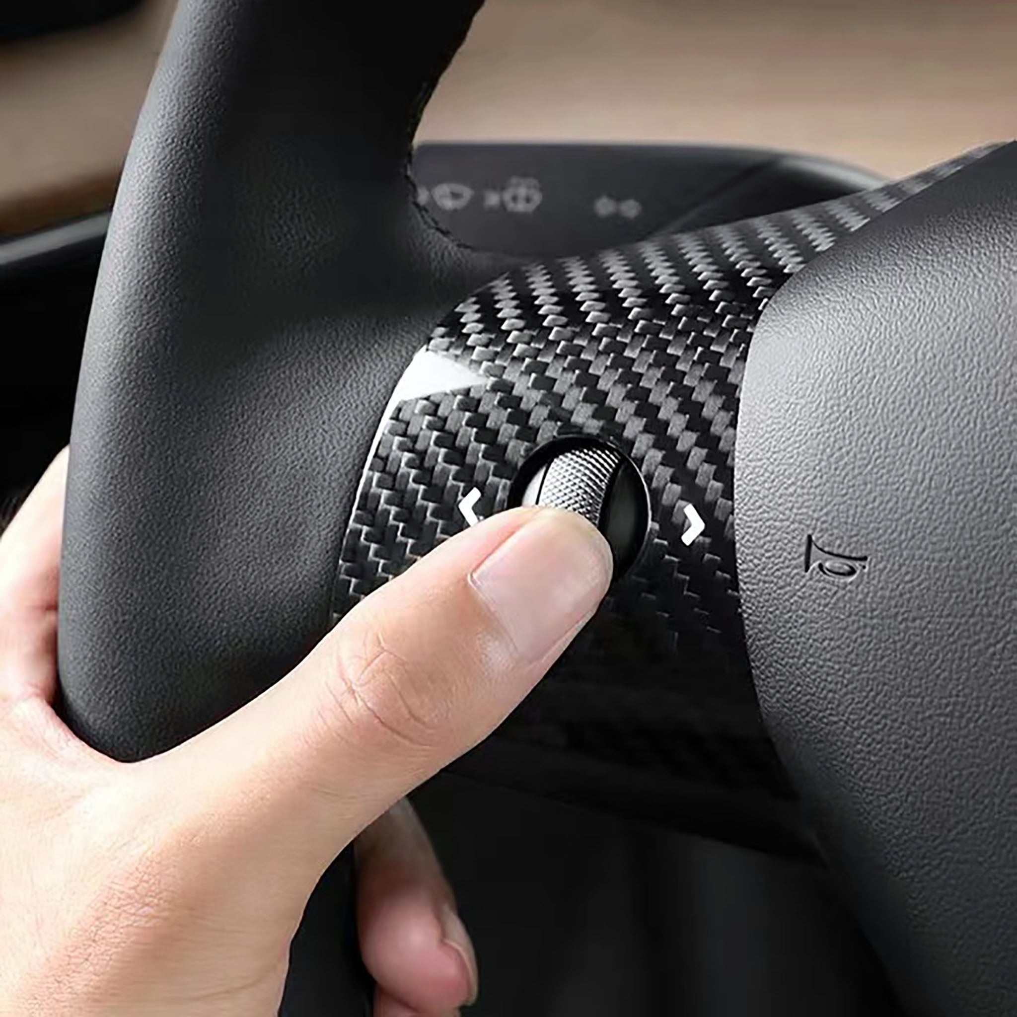 Close up of Tesla model 3 Y Carbon Fiber Steering Wheel Wrap